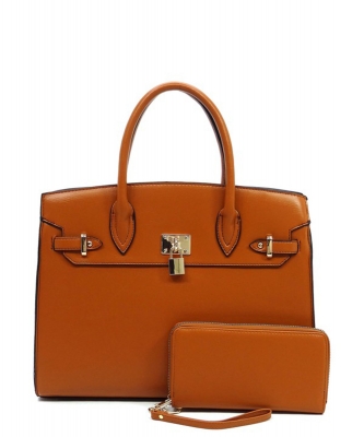 Fashion Padlock 2-in-1 Satchel Bag PA2699 COGNAC